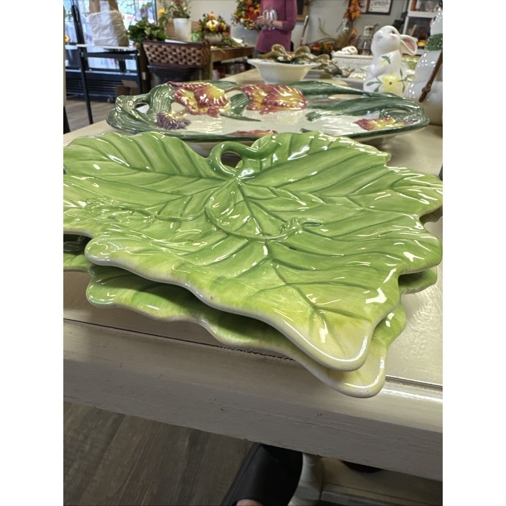 Fitz and Floyd Classics Green Leaf Plates Set of 2 Ceramic Hand Crafted 9 Inch - Picture 2 of 6